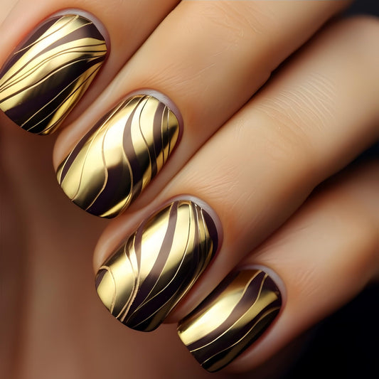 Press on Nails Gold Fake Nails Short Square False Nails Press ons with Designs Gold Line Stripes Acrylic False Nails Glossy Shiny Full Cover Glue on Nail for Women Nail Manicure Decoration 24Pcs