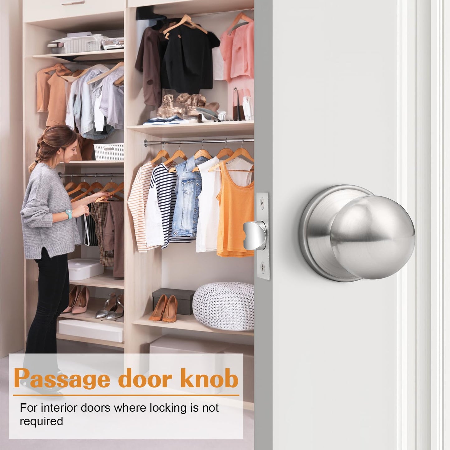 Probrico Brushed Nickel Passage Door Knob for Hallway Closet, Keyless Interior Door Knobs, Non-Locking Round Door Knob, 8 Pack