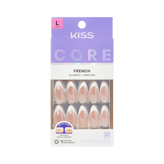 Kiss Core, Press On Nails, Nail glue included, 'Fascinating', White, Long Size, Almond Shape, Includes 32 Nails, 2g Glue, 1 Manicure Stick, 1 Mini File