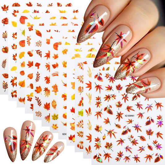 12 Sheets Fall Nail Art Stickers Gold Maple Leaf Nail Stickers Thanksgiving Day Nail Decals Ginkgo Fox Self Adhesive Autumn Nail Art Supplies for Women Girls DIY Manicure Nail Art Decorations