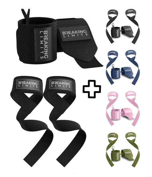 BREAKING LIMITS Set of Lifting Straps & Wrist Wraps - 2 Wrist Bandages, 2 Lifting Aids - Strength Training, Weight Lifting, Bodybuilding, Lift Training, Powerlifting, One Size | (Black)