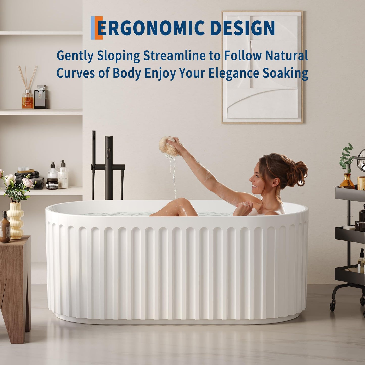 59" Modern V-Shape Freestanding Bathtub - Gloss White Acrylic Soaker with Pleated Design, Chrome Drain & Overflow,Cupc Certified,Gloss White
