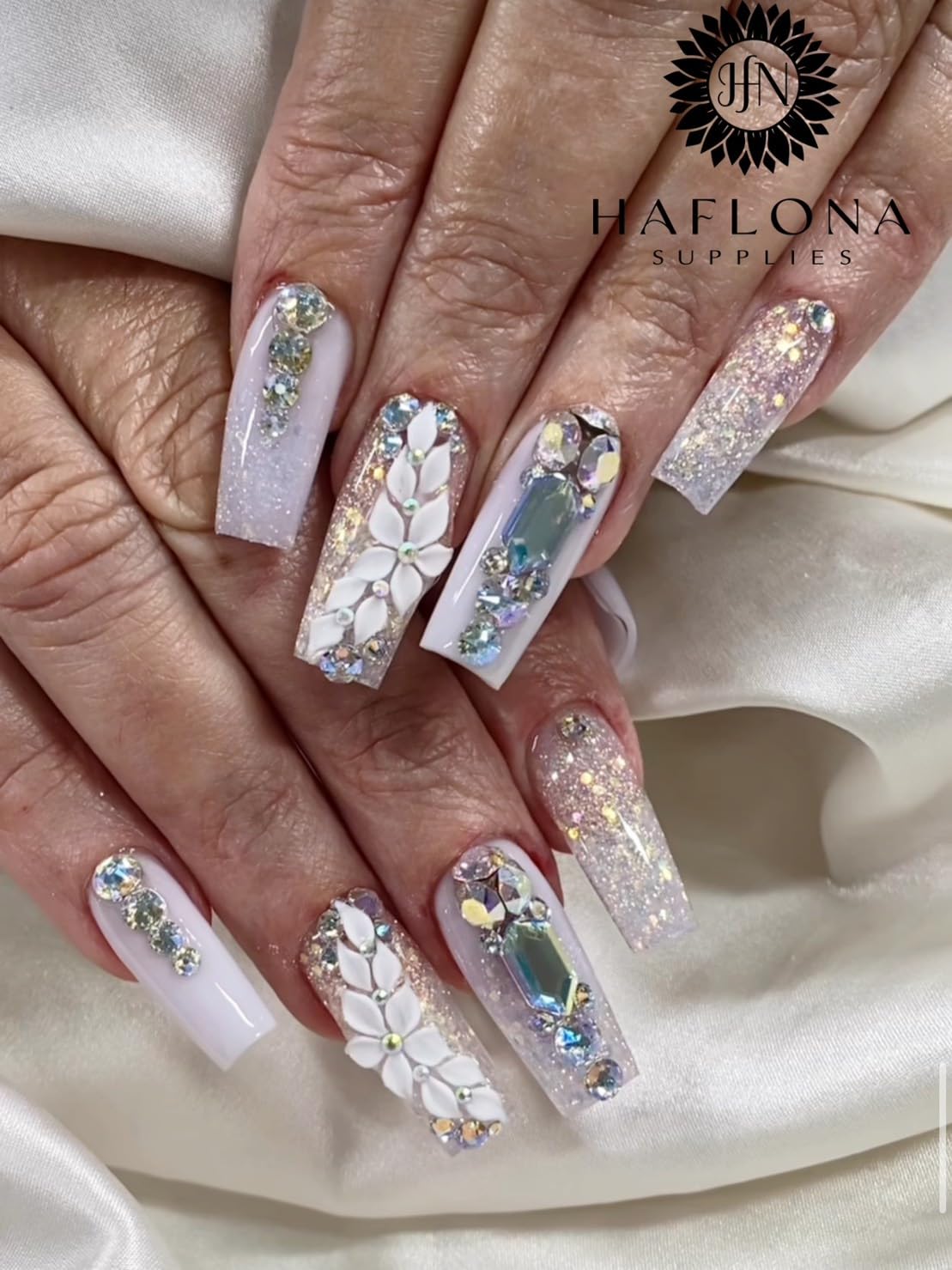 Handmade 12Pcs -3D -Acrylic White Apricot -Flowers -for -Nails Long Size L, XL, XXL, Flower Nail Charms Rhinestones, Floral Gems Kit Accents for Crafts and Designs -HaFloNa