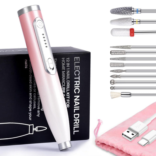 TsMADDTs Cordless Electric Nail Drill, Portable E File for Acrylic with 12 Nail Drill Bits, Pink