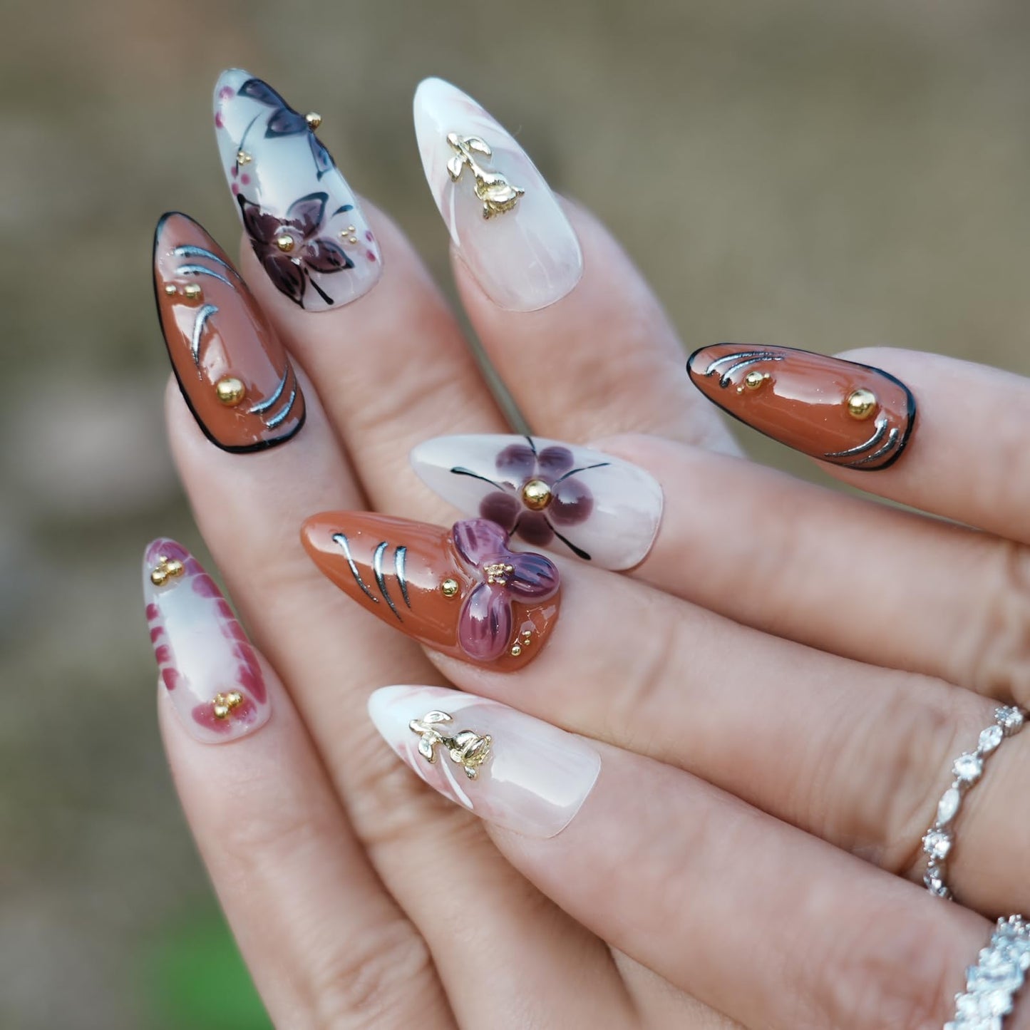 Tesytto 3D Embossed Flower Press on Nails Almond - Handmade Orange Brown & White Design, Luxury Glossy Reusable Fake Nails for Women(Orange Pink Flower Glaze, L)