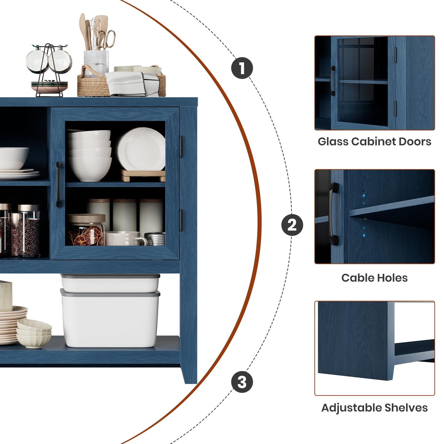 Garvee 53" Kitchen Buffet Sideboard Cabinet - Coffee Bar Table with 2 Glass Doors and 3 Shelves, Modern Storage Cabinet for Living Room, Entryway, Dining Room, Blue
