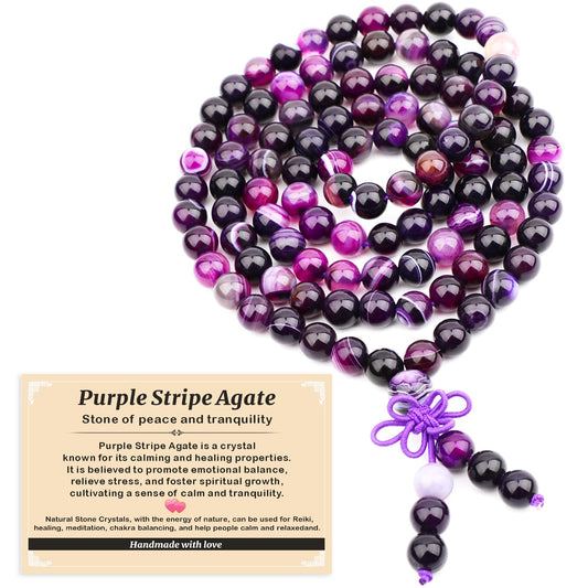 AD Beads 8mm 108 Prayer Mala Purple Stripe Agate Elastic Bracelet - Peace and Tranquility - Handmade Yoga Meditation Healing Power Energy Gifts for Unisex Adult.