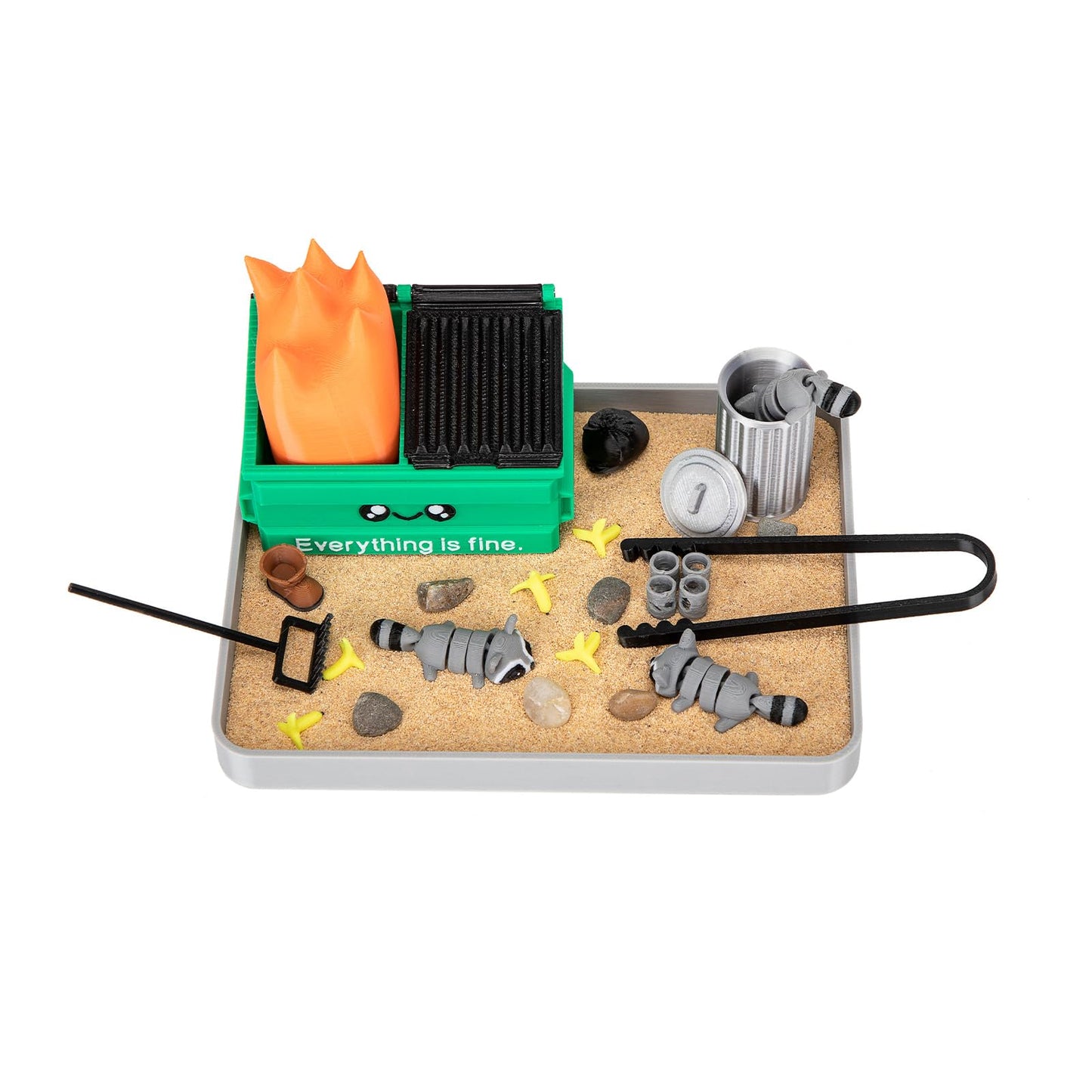 Stylor Dumpster Fire Zen Garden Desk Decor - 3D Print Plastic Miniature Sandbox with Raccoon & Flames, Humorous Office Stress Relief Gift, Includes Stones, Sand & Accessories