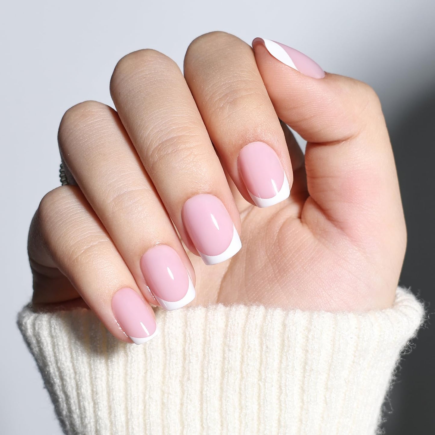 Leefrei French Tip Press On Nails - Short Square Press on Nails Pink White Tips Nails Press Ons for Women Fake Nails with Glue, Glossy Reusable Glue on Nail in 15 Sizes - 30pcs, Dusty Lavender