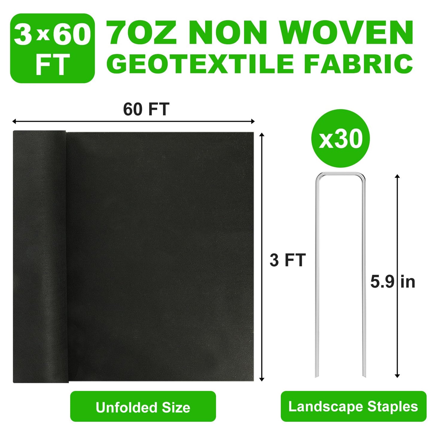 7oz Non Woven Geotextile Fabric with Stakes for French Drains, 3x60FT High Permeability Drainage Fabric Heavy Duty Landscape Fabric for Gravel Grid, Garden, Flower Beds, Weed Control, Erosion Control