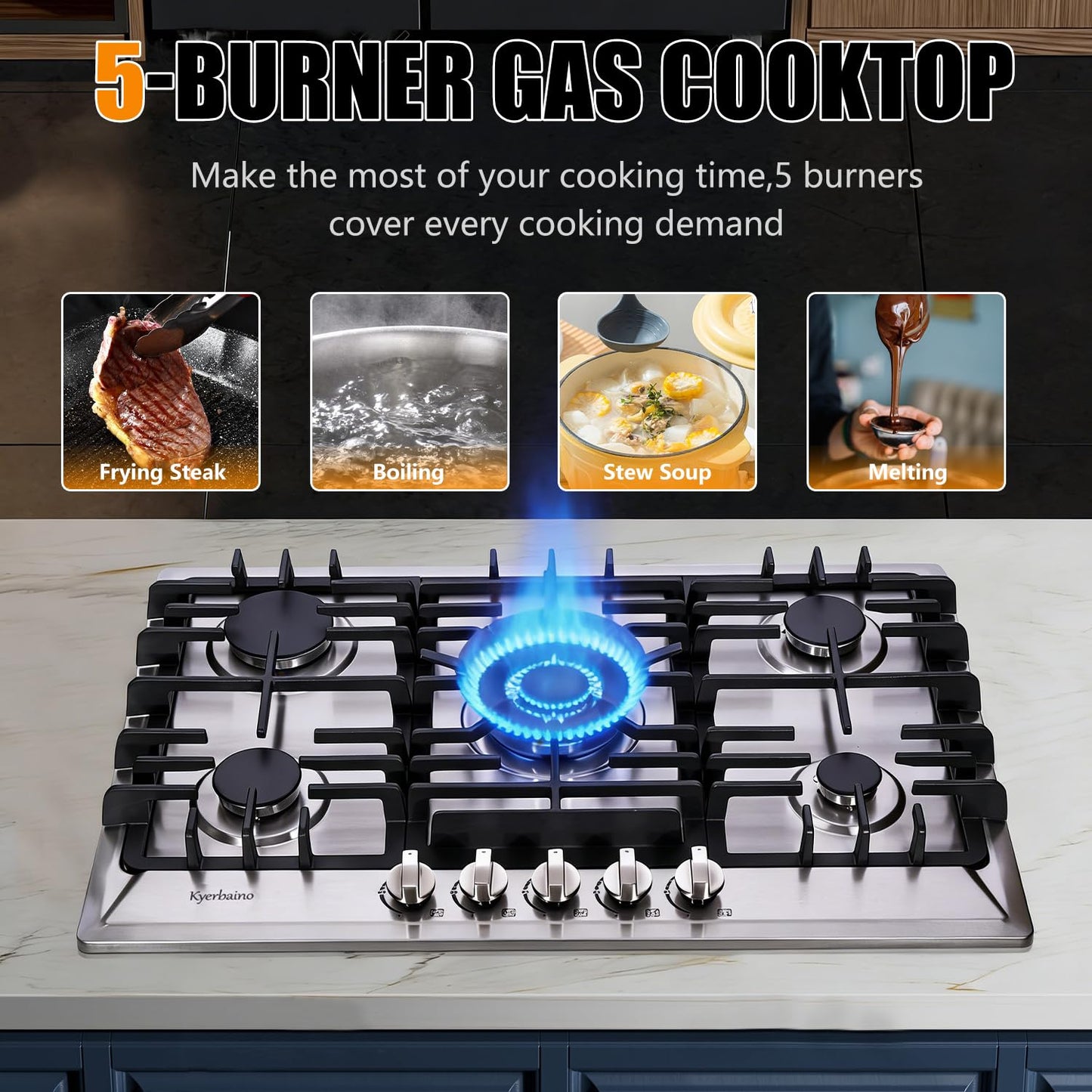 Kyerbaino Gas Cooktop 30 Inch, Stainless Steel 5 Burners Gas Stovetop Built-in LPG/NG Convertible Gas Cooktop Dual Fuel Sealed Gas Stove