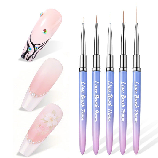 Makartt Nail Art Brushes Set: 5pcs Liner Brushes 7/9/11/15/25mm Thin Nail Art Design Brush with Cap Nail Polish Brush for Builder Gel 3D Nail Gel French Tip Tool Nail Painting