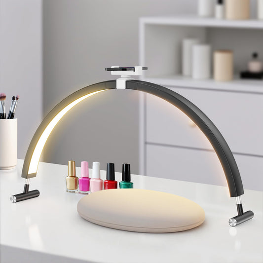 Mznoo Nail Light for Desk, 30'' LED Half Moon Lamp for Nail Techs, Manicure and Handicraft, Adjustable Color Modes and Brightness, with Phone Holder (Black)