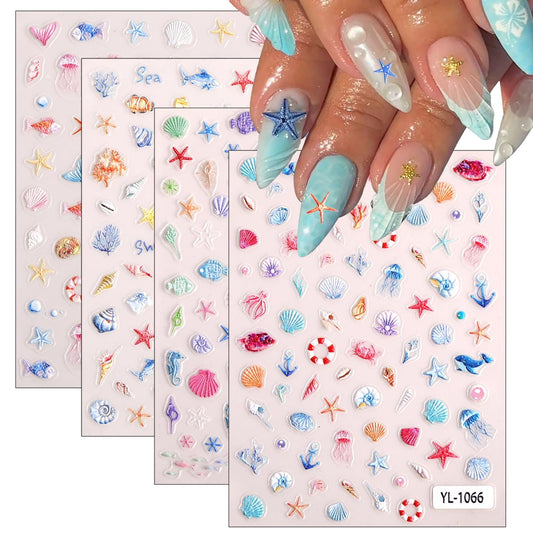 5D Embossed Summer Nail Stickers Jellyfish Seashell Starfish Conches Ocean Nail Decals Engraved Nails Supplies Tropical Beach Self-Adhesive Nail Art Sticker for Women Girls Fingernail Decorations
