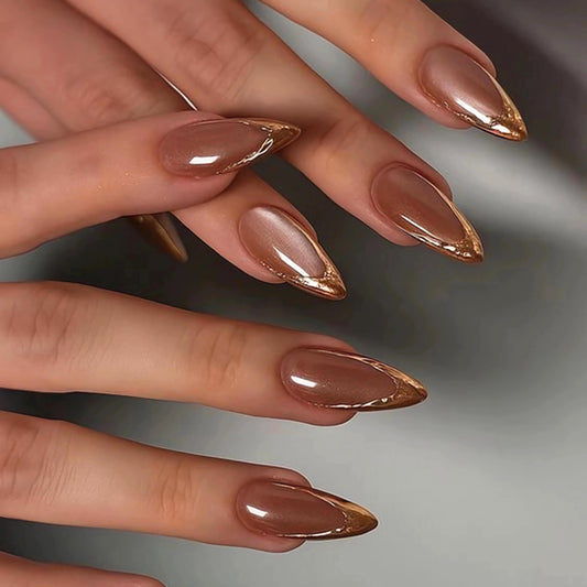 BABALAL Press On Nails, Medium Stiletto Fake Nails, Gold Chrome nails Powder French Tip, Cat Eye Bling Shiny, Glossy Full Cover Glue On Nails For Women And Girls 24Pcs Reusable