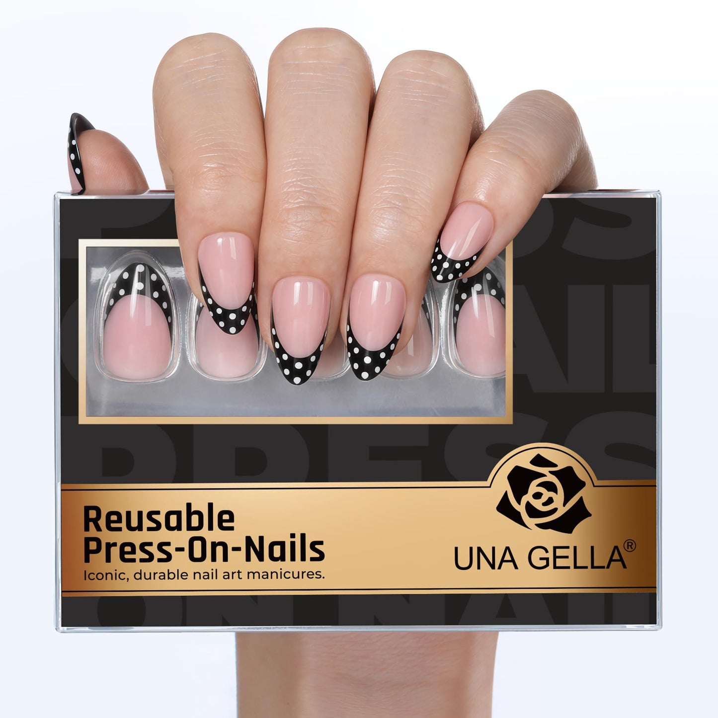 UNA GELLA 32Pcs Soft Gel Press on Nails - 16 Sizes Polka Dot French Tip Almond Glue on Nails, Reusable Nude False Nails with Black Dots, Full Cover Acrylic Nail Kit for Women DIY Home Manicure