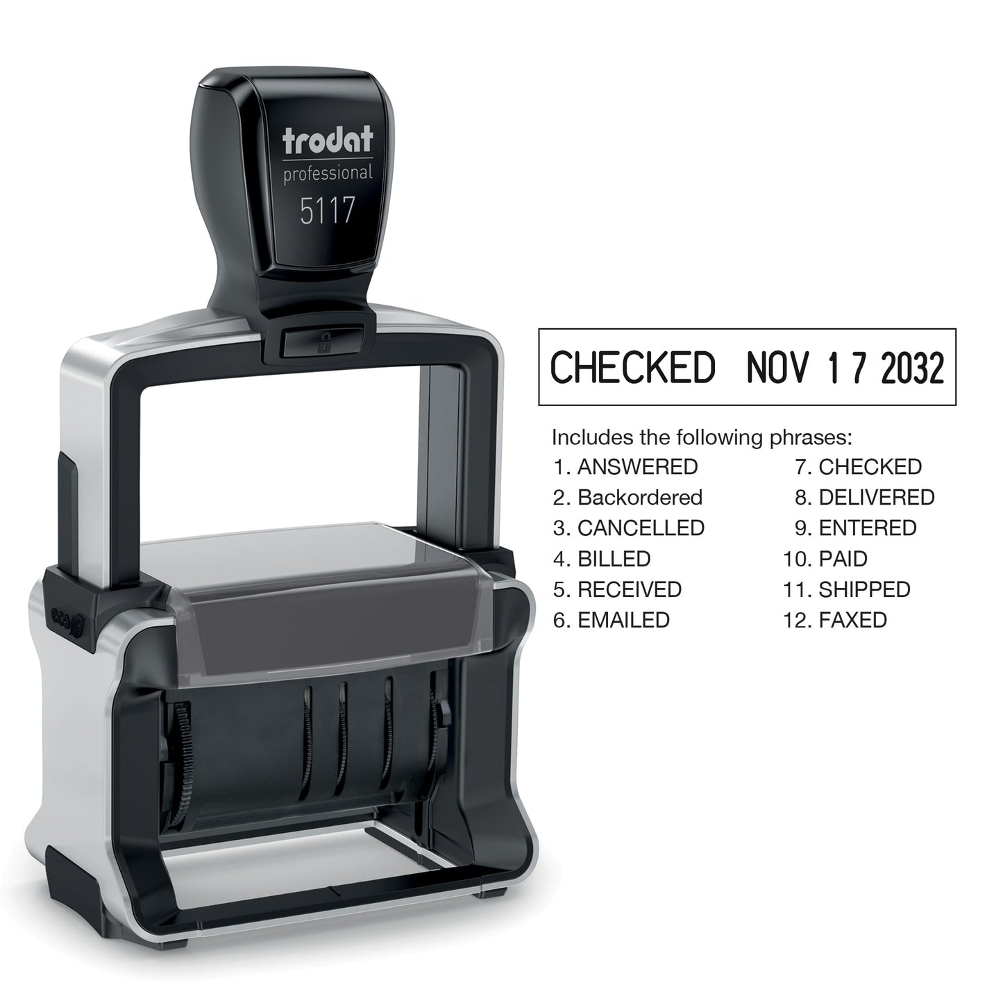 Trodat Professional 5117 12-Message Stamp, Dater, Self Inking, 2-1/4" x 3/8", Black