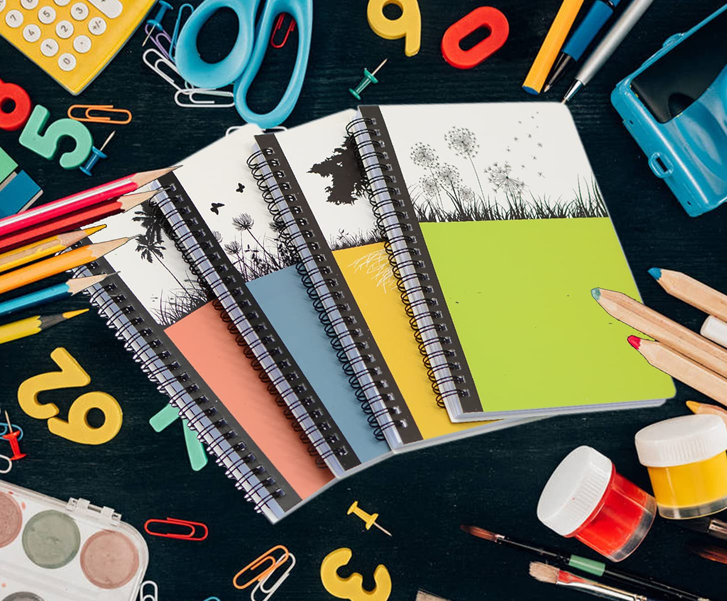 Yansanido Spiral Notebook, 4 Pcs A5 Thick Tree Design Hardcover 8mm Ruled 4 Color 80 Sheets -160 Pages Journals for Study and Notes (Tree)
