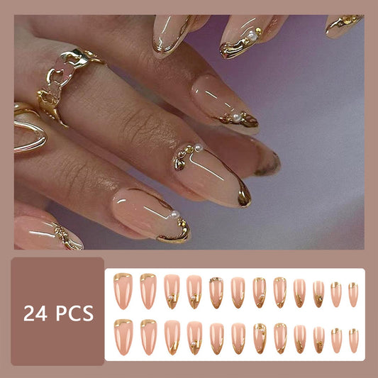 Gold French Tip Press on Nails Medium Almond Fake Nails with Pearl Designs 3D Irregular French Tips Gold Edge False Nails Glossy Nude Acrylic Glue on Nails for Women Girls Manicure Decorations 24Pcs