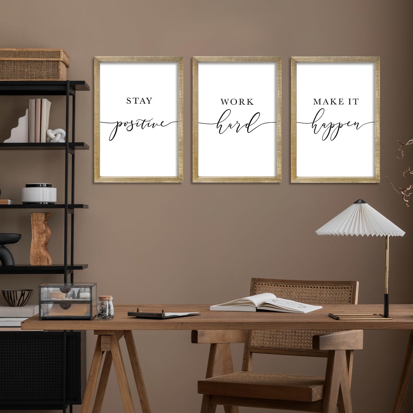RLWangChao Inspirational Quotes Wall Art Decor 11"X16" 3 Piece Modren Office Stay Positive Work Hard Make It Happen Motivational Wood Framed Sign Living Room Positive Wall Hanging Decoration (Wood)
