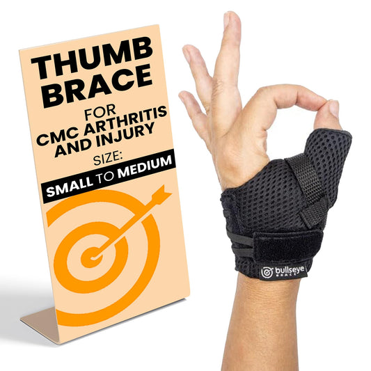 Bullseye Thumb Brace – Stabilizes Thumb CMC Joint to Relieve Pain due to Arthritis and Injuries – Adjustable Fit with Supportive Strap – Speed Lacer for Easy On/Off – Hand Wash - (S/M - Left Hand)