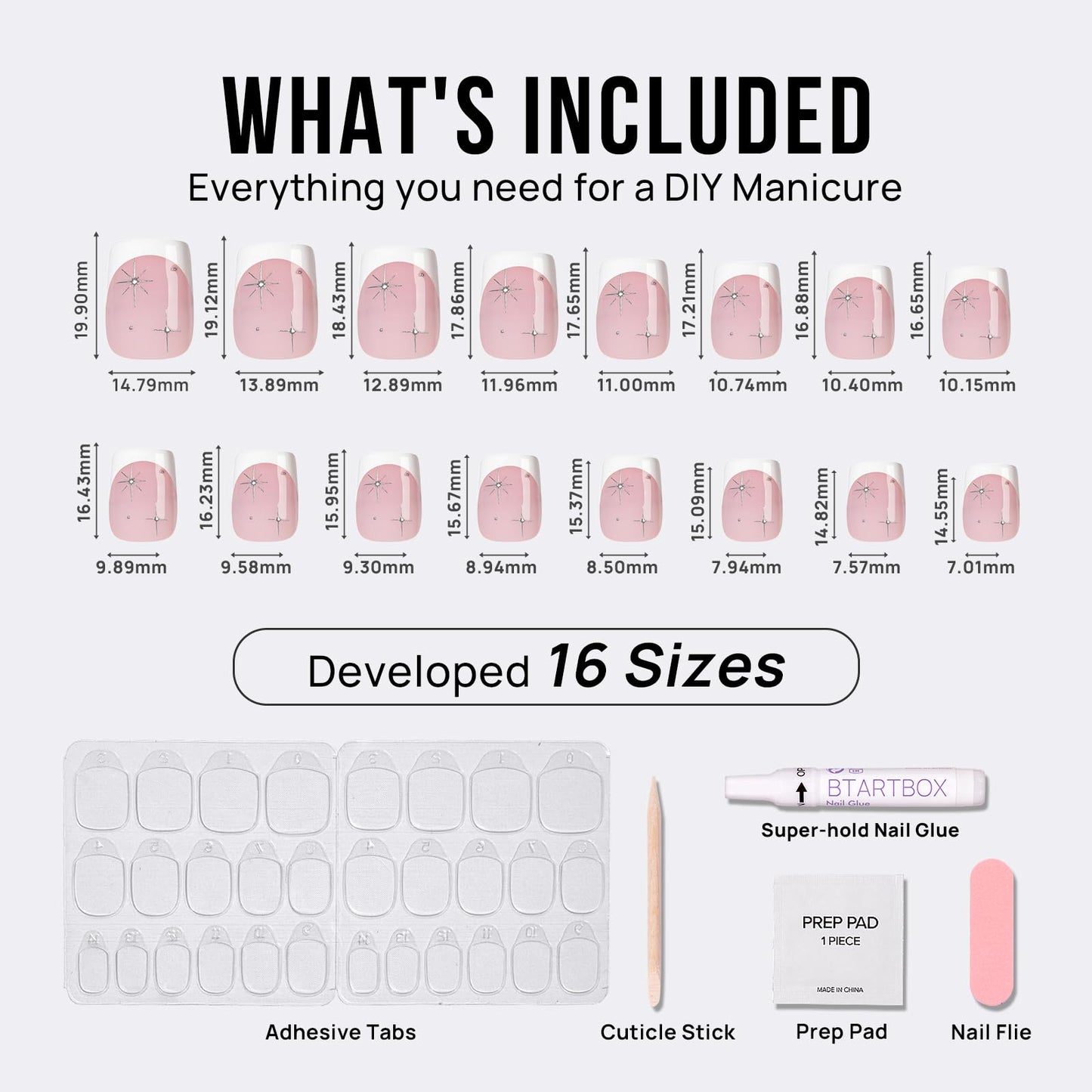 BTArtbox French Tip Press On Nails - Pink Short Press On Nails with Stars, Soft Gel Glue On Nails with Nail Glue in 16 Sizes, 32 Stick on Nails Kit, Starlit Sparkle