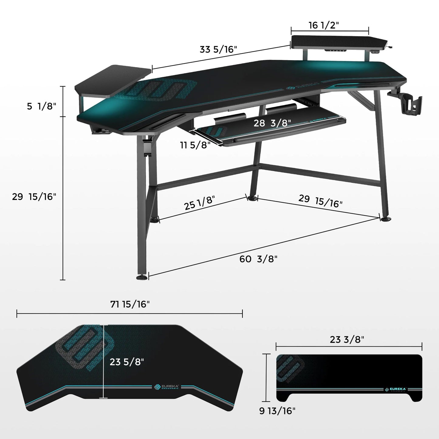 EUREKA ERGONOMIC Aero 72 Inch Gaming Desk with Keyboard Tray, Large Computer Desk Led Lights, Wing-Shaped Monitor Stand Dual Headphone Hanger Cup Holder for Studio,Streamer,Live,Black