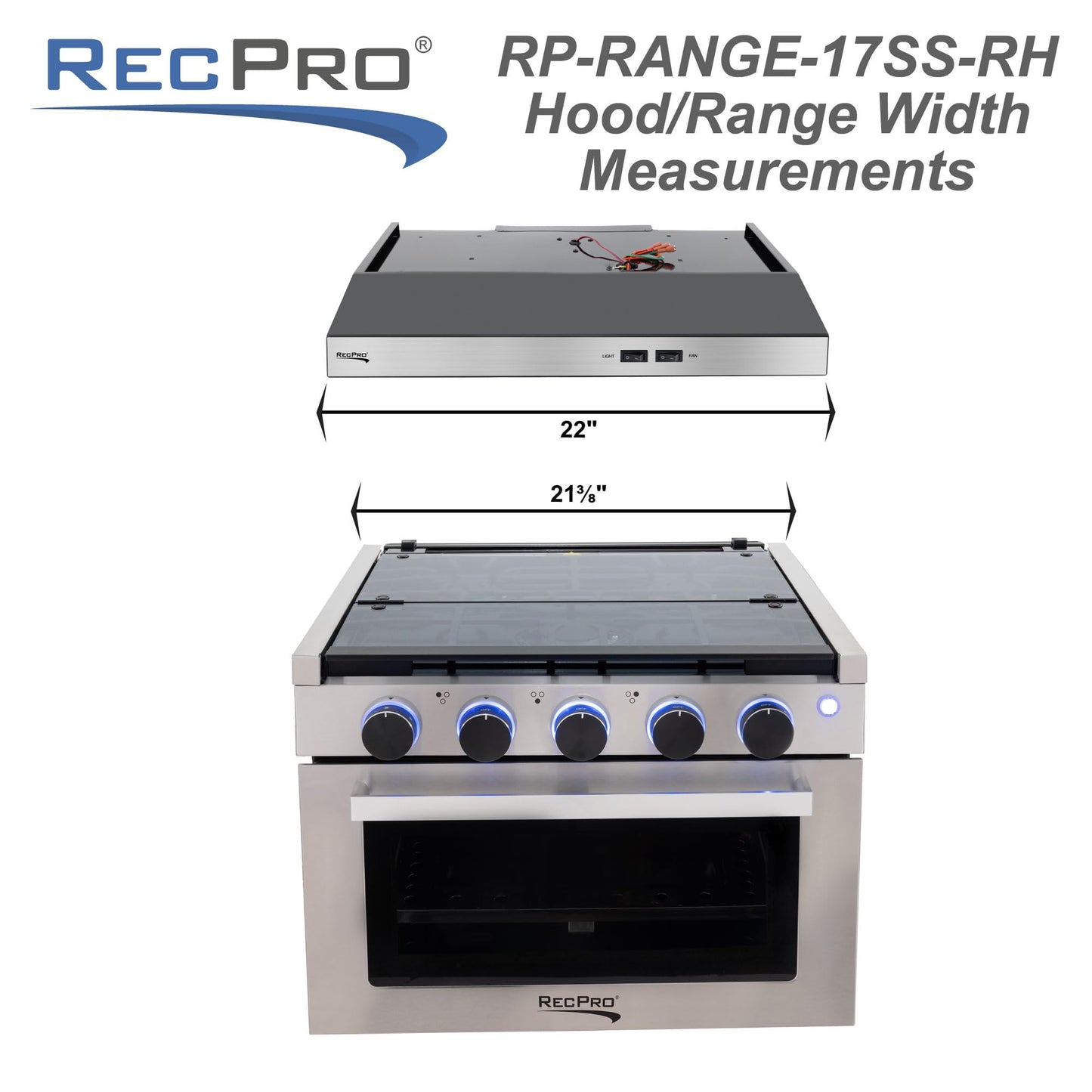 RecPro RV Stove | 21" x 17" Cooktop | 17" Tall Gas Range | 3 Burner | 1.8 Cu. Ft | 7100 BTU | Black or Silver Finish | Optional Vented Range Hood (Stainless, With Range Hood)