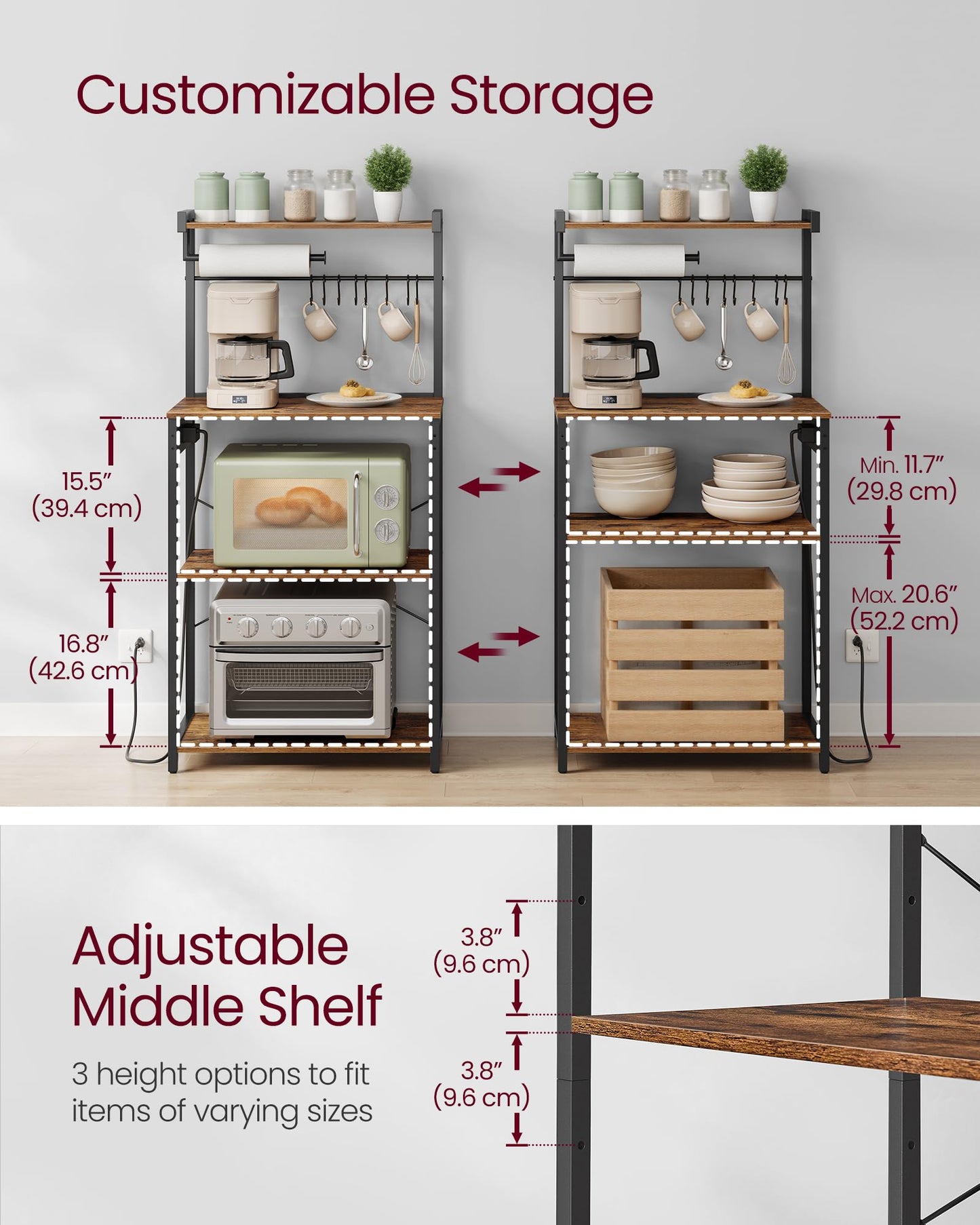 VASAGLE Kitchen Bakers Rack with Power Outlet, Coffee Bar 4-Tier with 8 S Hooks, Microwave Stand, Adjustable Shelf, for Small Spaces, Rustic Brown and Ink Black UKKS014K01V1