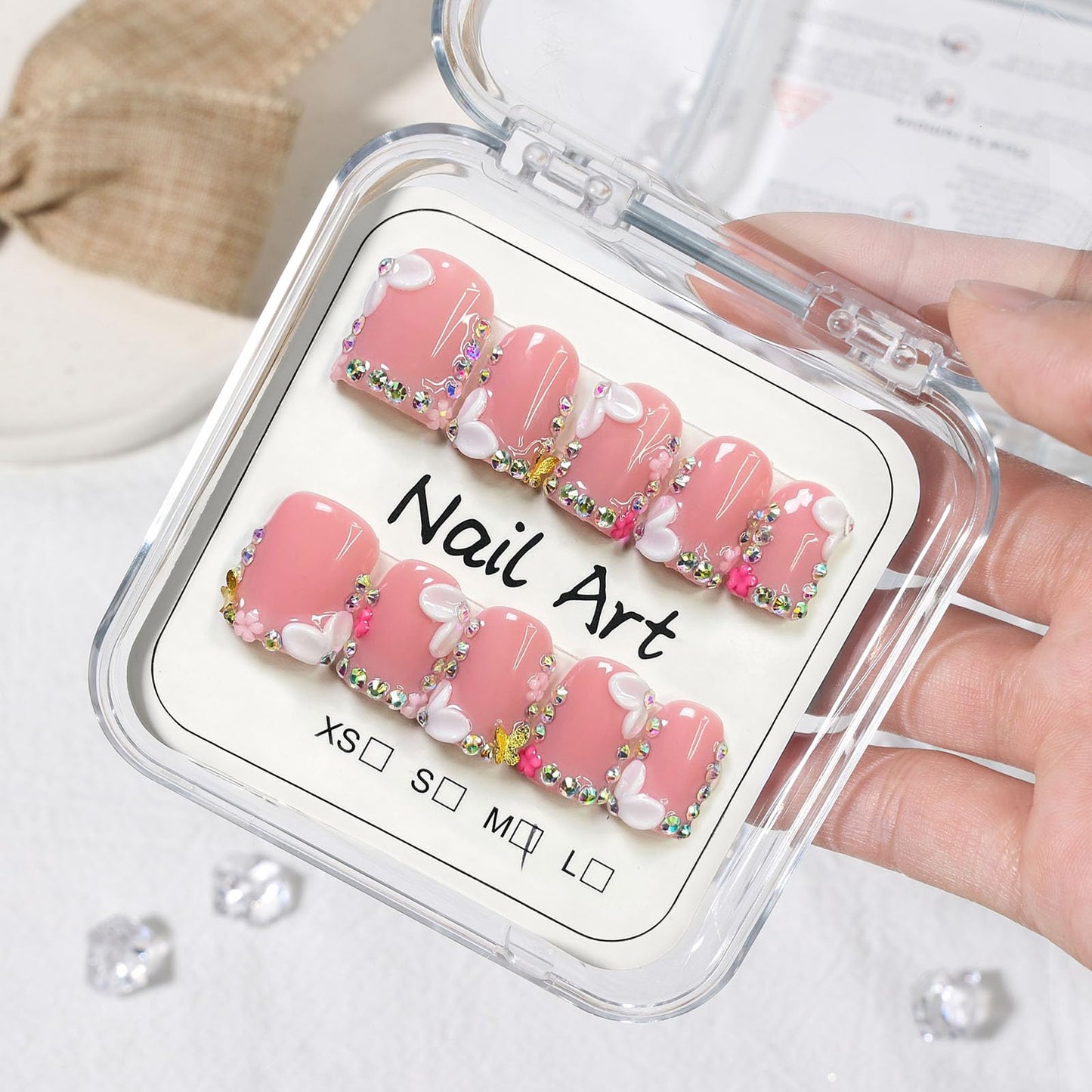 10 Pcs Pink Handmade Press on Nails Short Square Fake Nails with 3D Flower Rhinestones Charms Design Acrylic False Nails M Size Press Ons Nails Square for Women Manicure