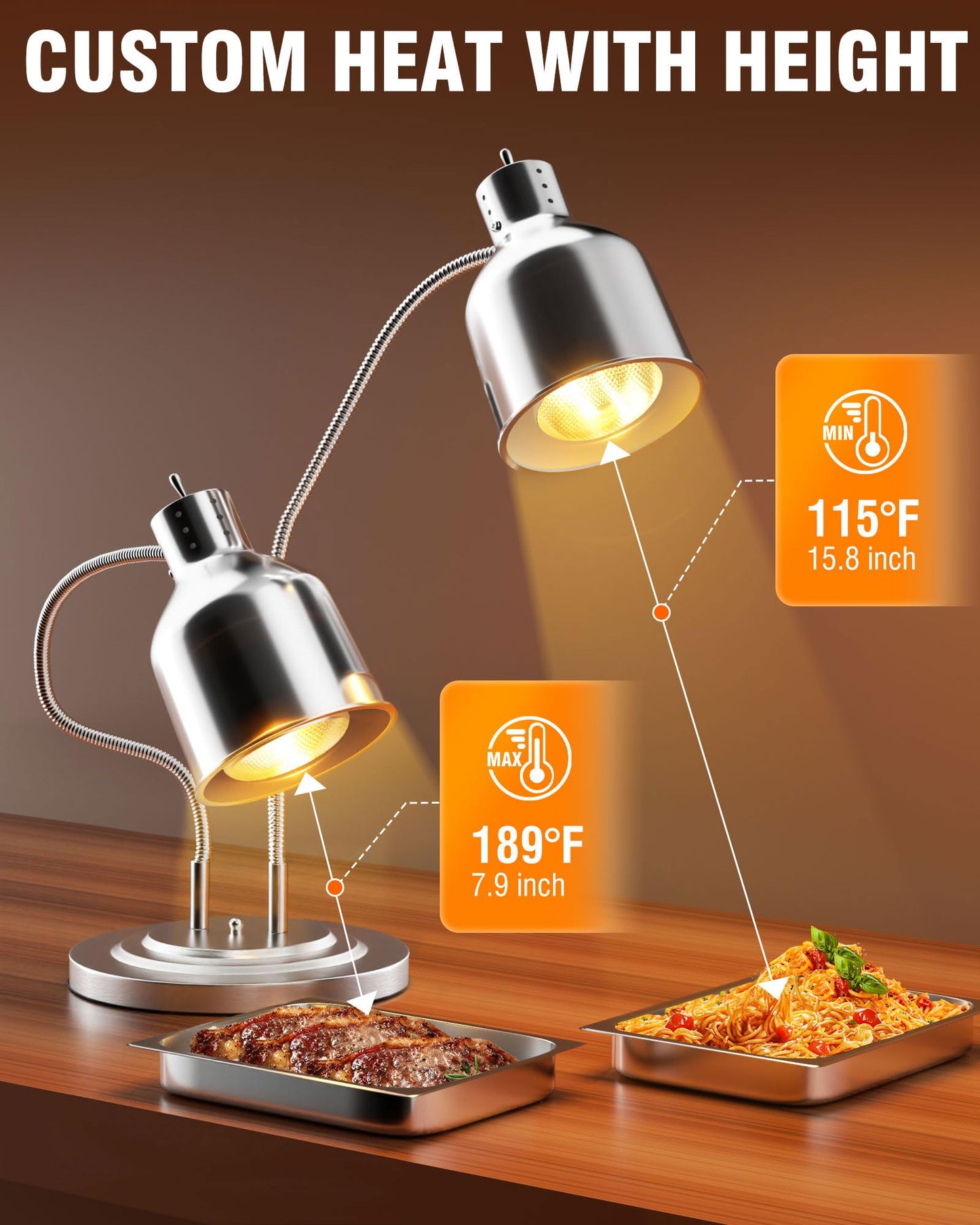 PYY Commercial Food Warmer - 2-Head Electric Heating Lamp 500W Stainless Steel Food Warmer Lamp Catering Food Warming Lamp w/Spare Bulb for Catering Kitchen Food Service Restaurant Cafeteria