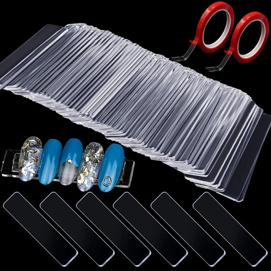 Gabotrie 100 Pack Transparent Nail Display Stand, with 2 Rolls Double Sided Tape, Acrylic Art Display Strips for Practicing, Fake Nail Tips Practice Holder for Salon Home Use