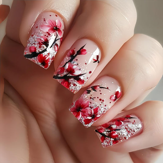 24Pcs Flower Press on Nails Medium Square Fake Nails Pink Full Cover Artificial Glue on Nails Spring Summer False Nails Reusable Nail Supplies Silver Glitter Stick on Nails for Women Girls Nails Kit