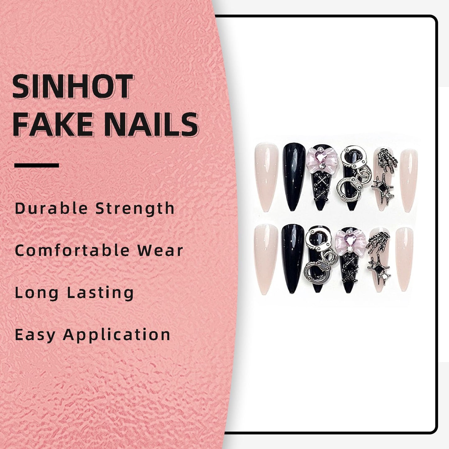 SINHOT Stiletto Press on Nails - Long Fake Nails, Glossy Finish, Y2K Charms & Goth Black, DIY Artificial False Nail Art - 24 Pcs Nail Kit with Glue