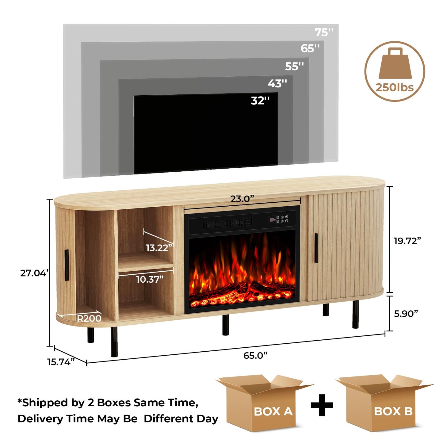 BREEZEHEAT 65'' Mid Century Modern Fluted TV Stand with 23" Fireplace, Curved Fireplace Entertainment Center for TVs Up to 75 Inches, Media Console Cabinet for Living Room/Bedroom, Oak Natural