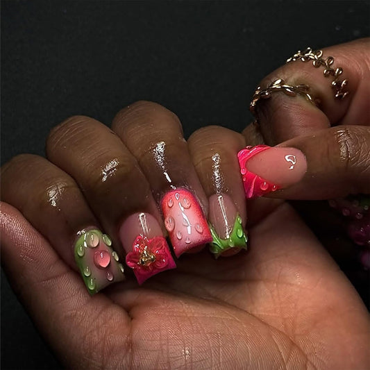 24Pcs Summer Press on Nails Short Duck Fake Nails Pink Green French Tip False Nails with 3D Flower Dewdrop Design Glitter Gold Gems Artificial Stick on Nails Full Cover Glue on Nail for Women Manicure