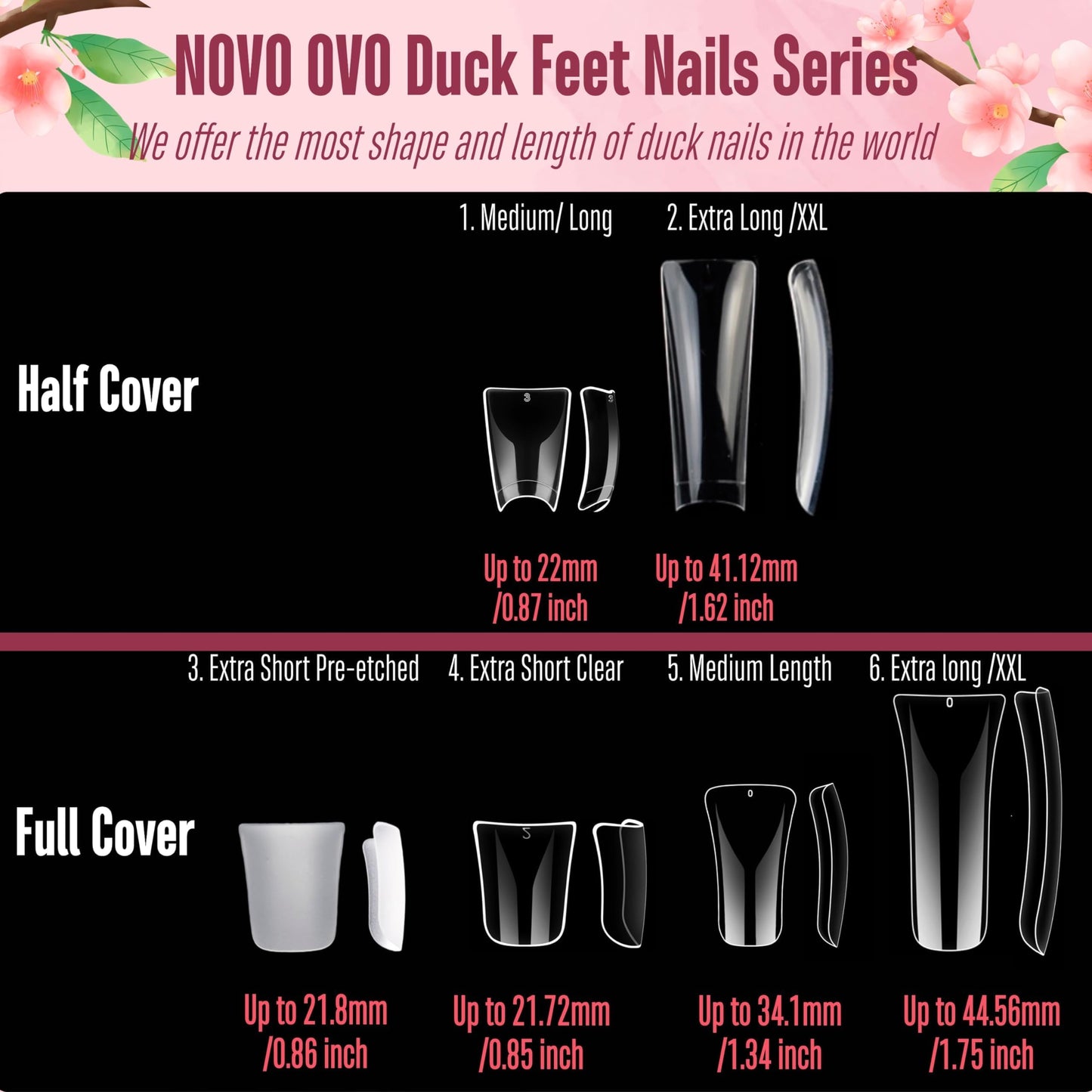 NOVO OVO 240 pcs Extra Long Duck Nail Tips Full Cover for Acrylic, Clear XL XXL Flare Feet Nails Press On, Y2K Vibe Wide French Soft Gel False Nail Extension for Art Salon x 12 Sizes in Box