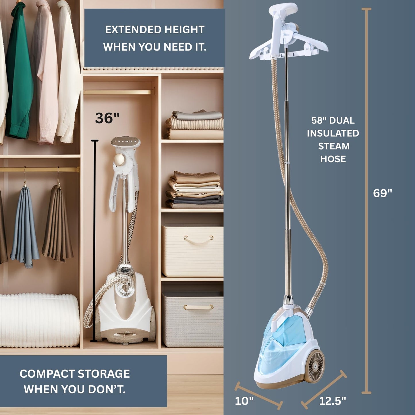True & Tidy Luxury Standing Garment Steamer with 10 Steam Settings, Smart Auto Shut-Off 1800 Watt Powerful Clothes Steamer, Fast Heat Up, Wrinkle Removal for Home and Business Use