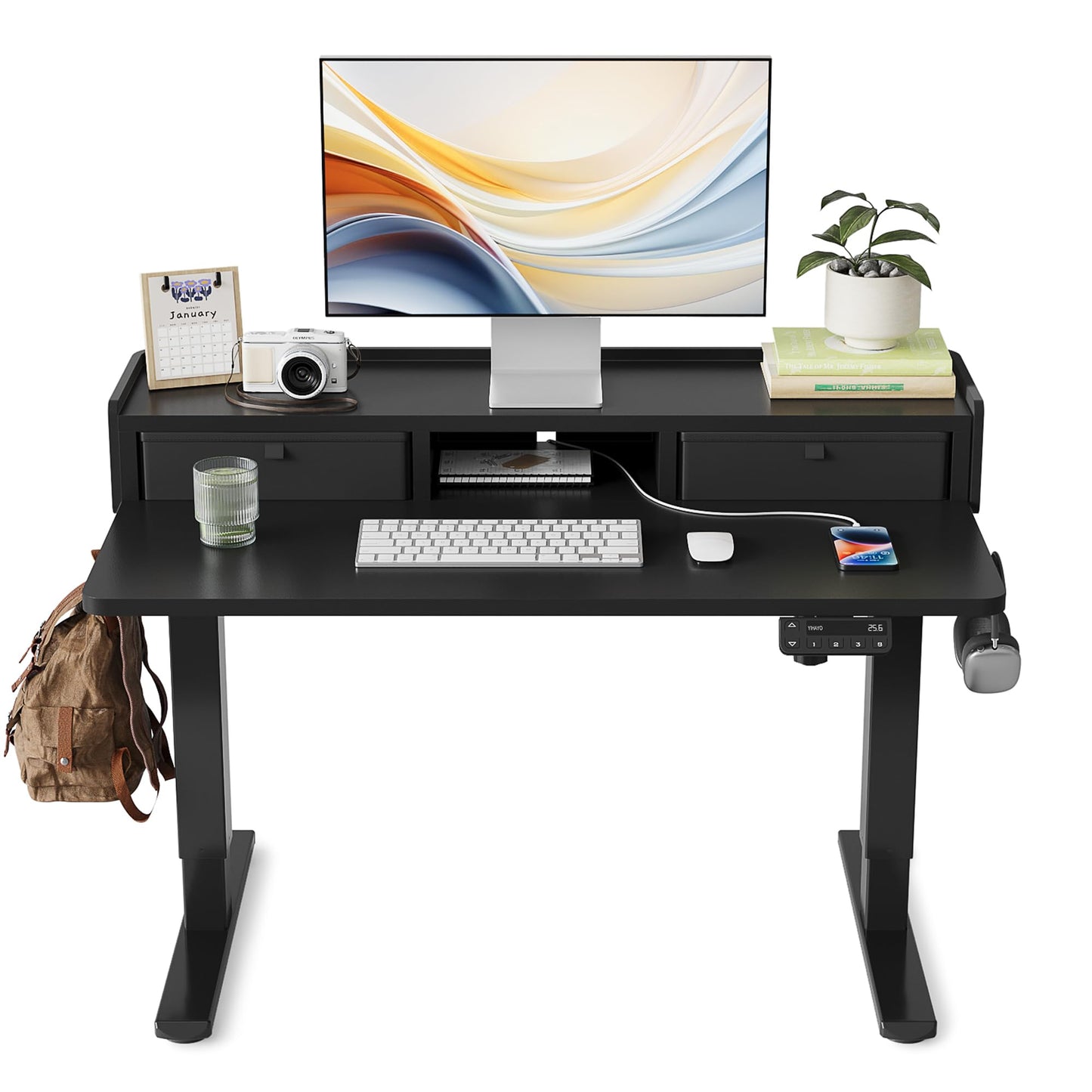 YIHAYO Low Height Adjustable Desk with Drawers, Lifts 18.1-28.3 Inches, Electric Standing Desk with Storage Shelf for Short People, 40 x 24 Inches Table with Splice Board for Home Office, Black
