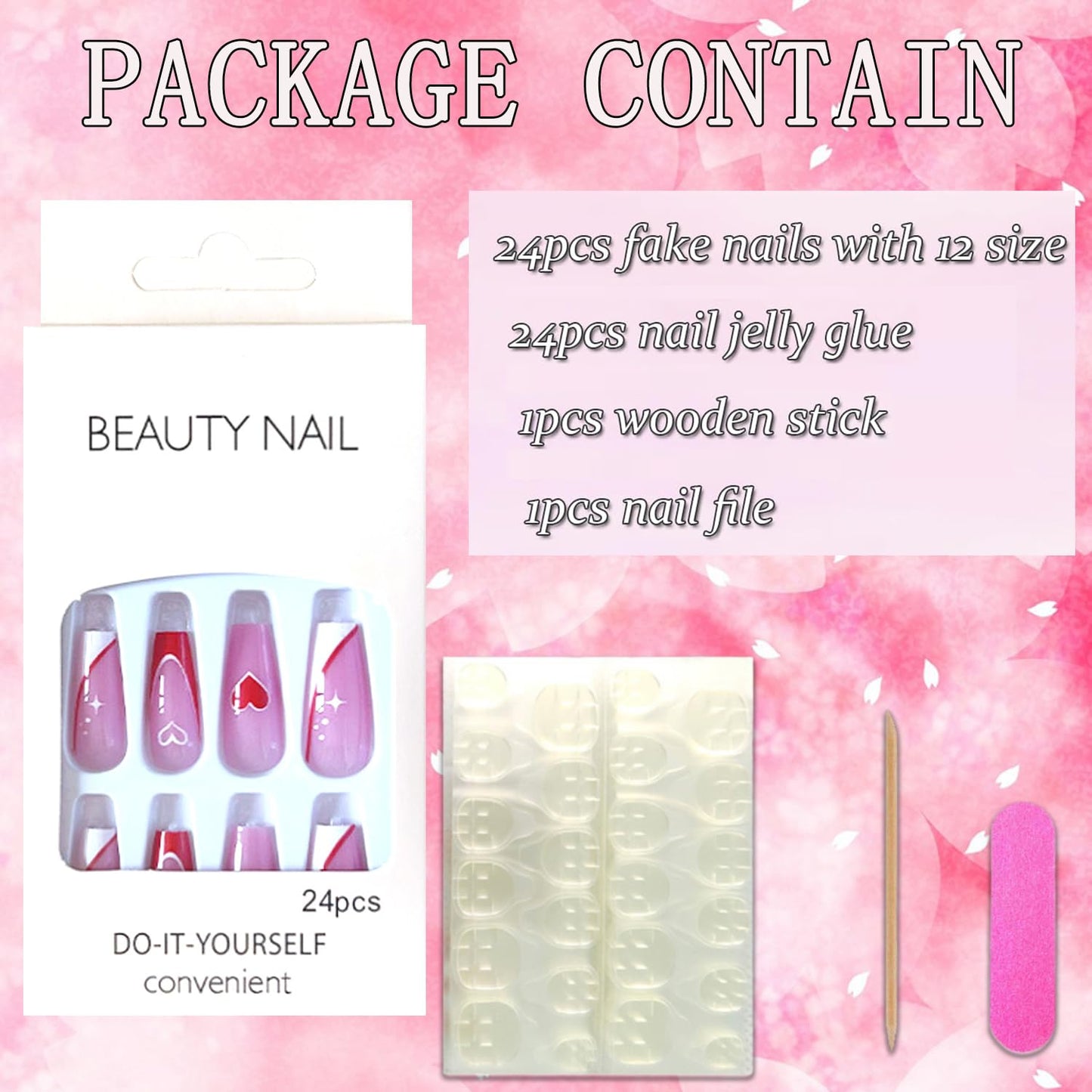Vezocim French Tip Square Medium Press on Nails 24Pcs Glossy Full Cover Artificial Pink Fake Nails with Red Heart Designs Acrylic Coffin False Nails Glue Fingernails with Charm for Women Girls