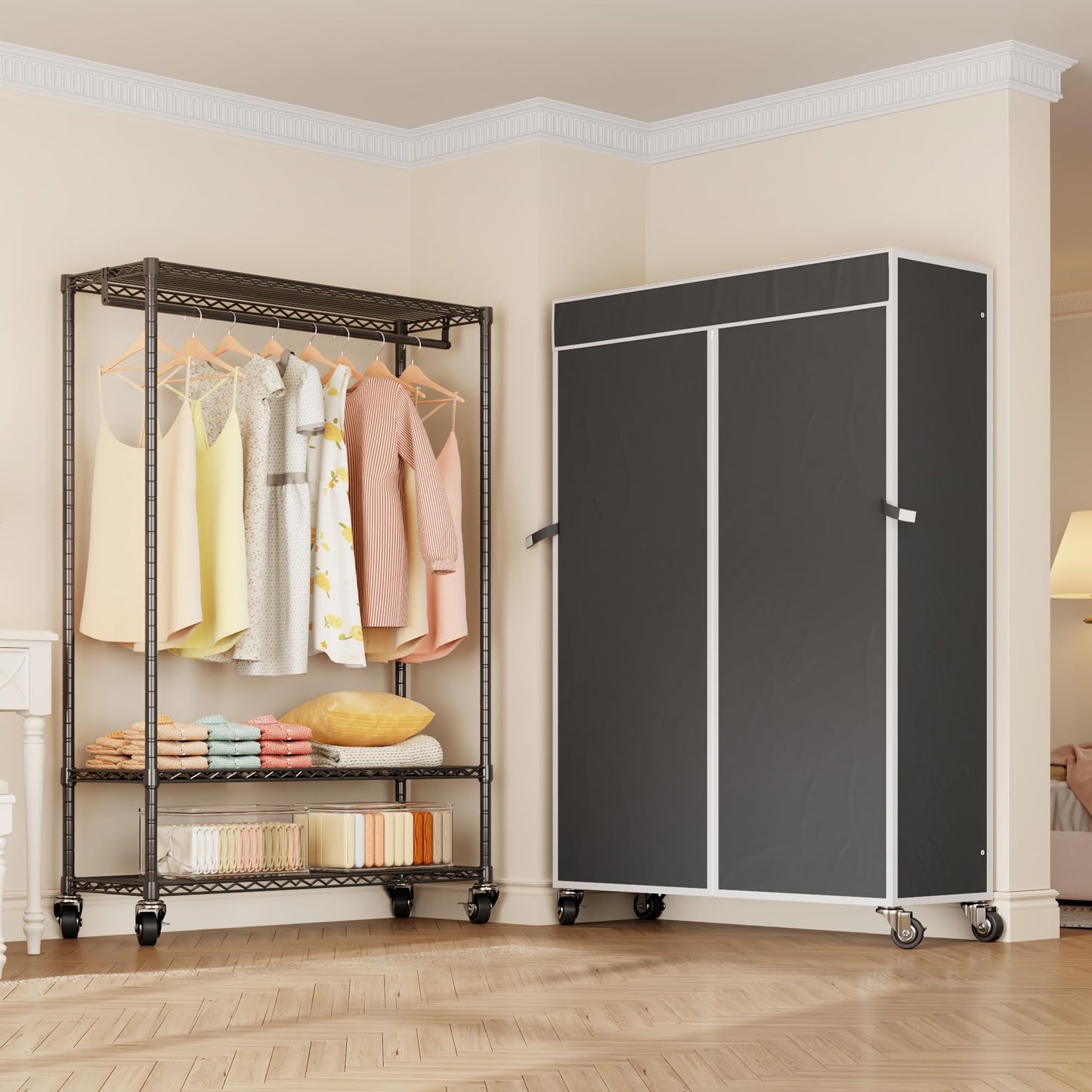 Higeego H4 Plus Rolling Garment Rack with Cover, Heavy Duty Clothes Rack with Wheels, Portable Closet for Hanging Clothes, Wardrobe Closets Organizer Storage, Black Closet Rack with Black Fabric Cover