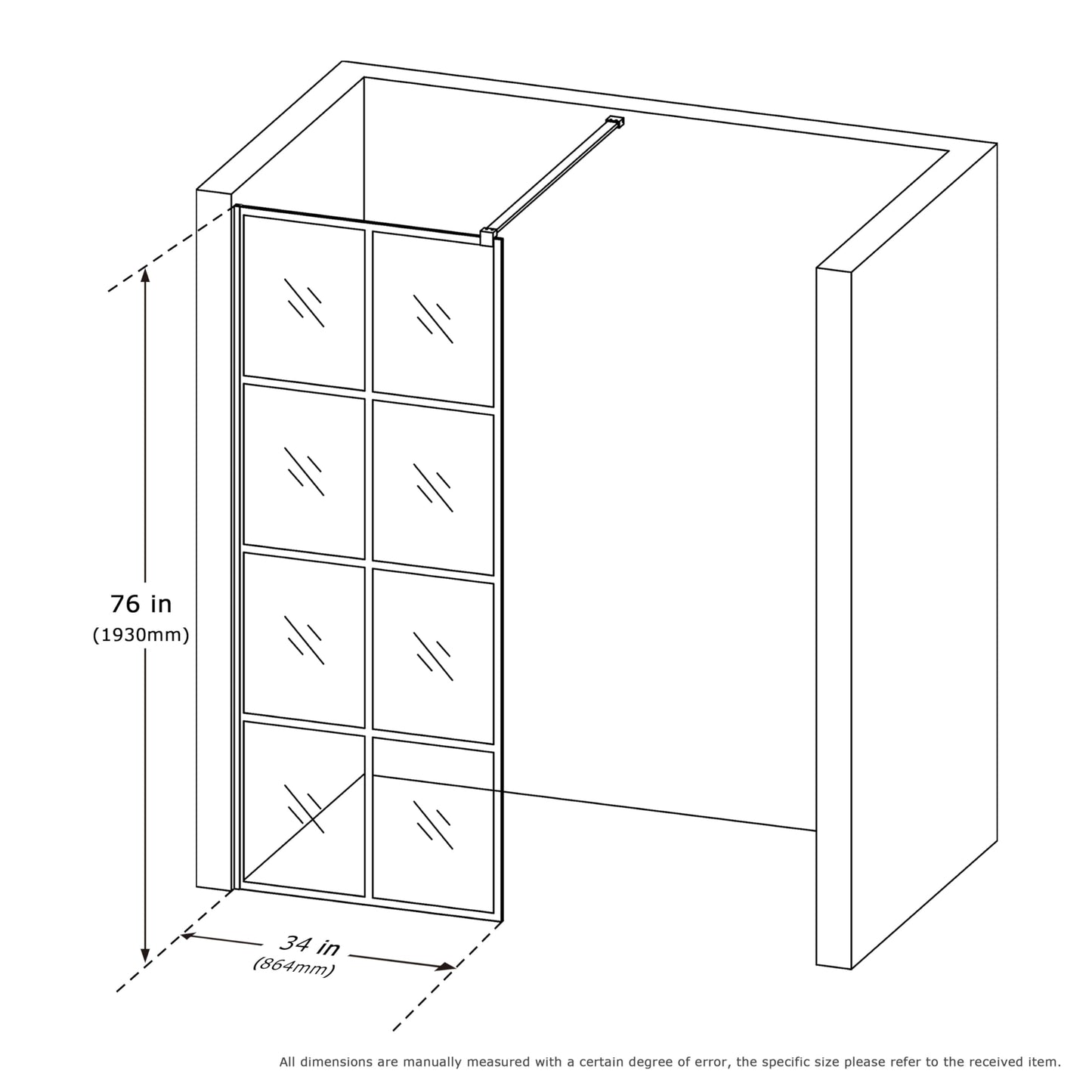 Mainzel 34" W x 76" H Fixed Shower Glass Panel, Frameless 3/8" ANSI Tempered Glass Panel with Easy Clean Guard Coating, Modern Design Bathroom Shower Screen, Matte Black