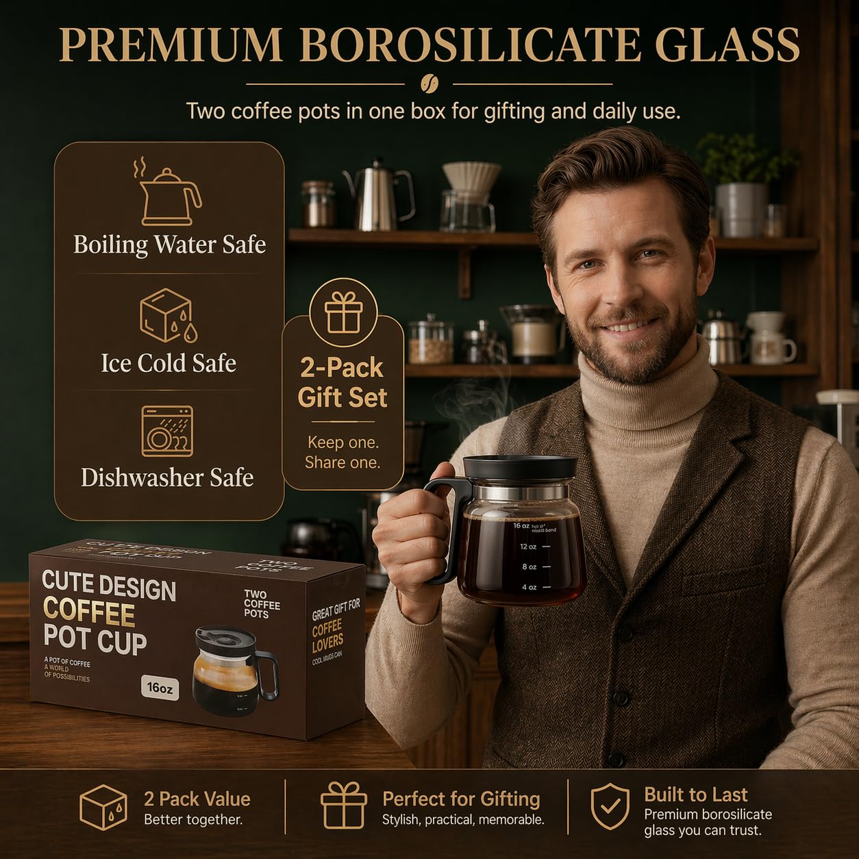 2 PCS Coffee Pot Mug with Lid,16 Oz Glass Mini Coffee Cup Set | Spill Proof Heatproof Large Capacity Clear Travel Mug & Novelty Gift for Coffee Lovers & Office Desk