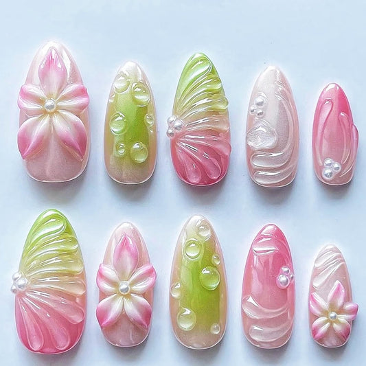 24Pcs Flower Press on Nails Almond Medium Fake Nails Gradient Pink Full Cover False Nails 3D Pearls Flower Glue on Nails Green Spring Summer Stick on Nails Cute Acrylic Nails for Women DIY Manicure