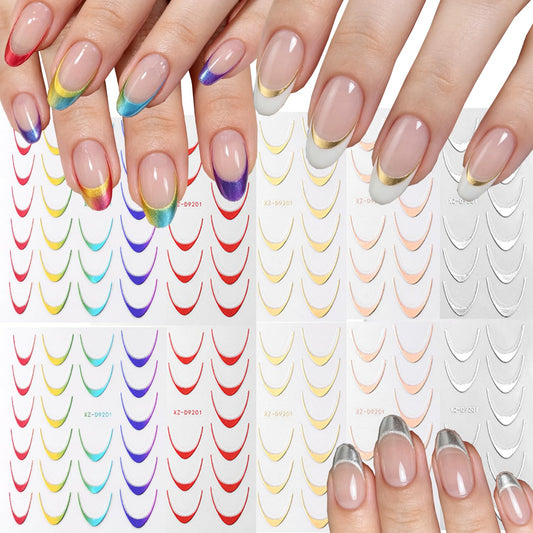 10 Sheets Colorful French Nail Stickers for Nail Art, 3D Self-Adhesive Gold Sliver Rosegold French Nail Decals, Red French Lines Nail Supplies Designs Accessories for Women Girls Manicure DIY