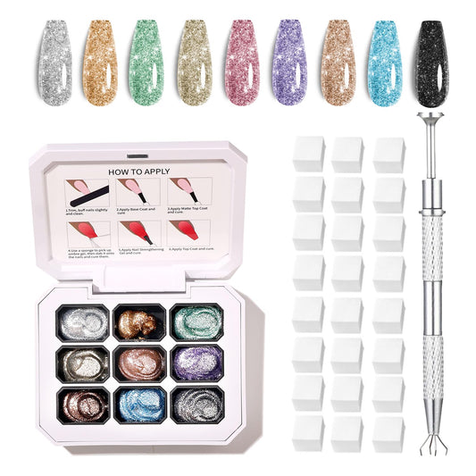 AOBOO 9 Colors Pat Painting Gel Nail Polish Set – Ombr Nail Polish for Acrylic Nail Art No Wipe Paint DIY Ombre Gel Kit with 100PCS Nail Sponges & Grabbing Pen (B0)