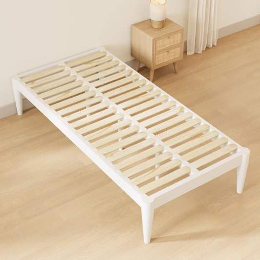 IOTXY Twin-XL Platform Bed Frame - Solid Wood 16-Inch Height Mattress Foundation Base with Densely Slats and Heavy-Duty Support Legs, No Box Spring Needed, White