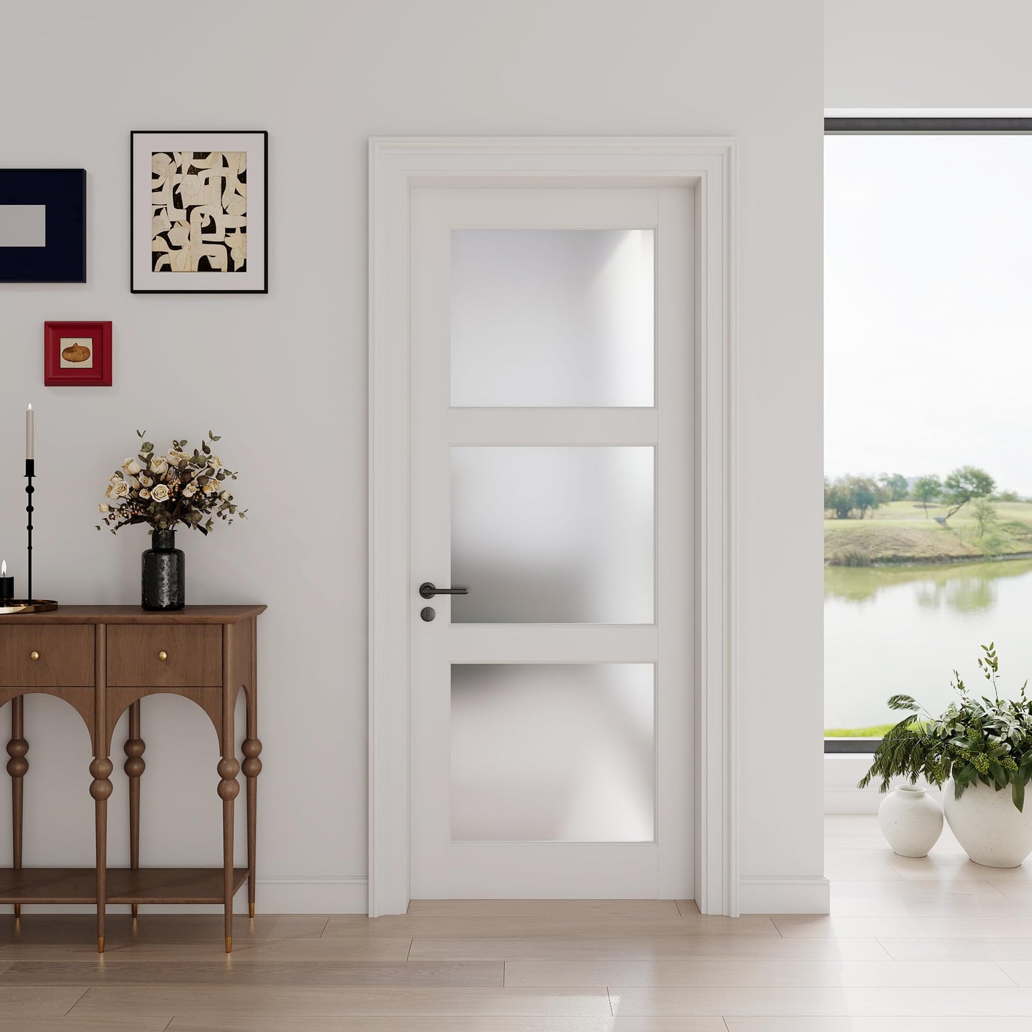 30"x 80" 3-Lite Frosted Glass French Interior Slab Door, Solid Core Wood with MDF Door Panel for Bedroom Closet Laundry Pantry Bathroom White Pre-Finished Surface Paintable, w/o Hardware