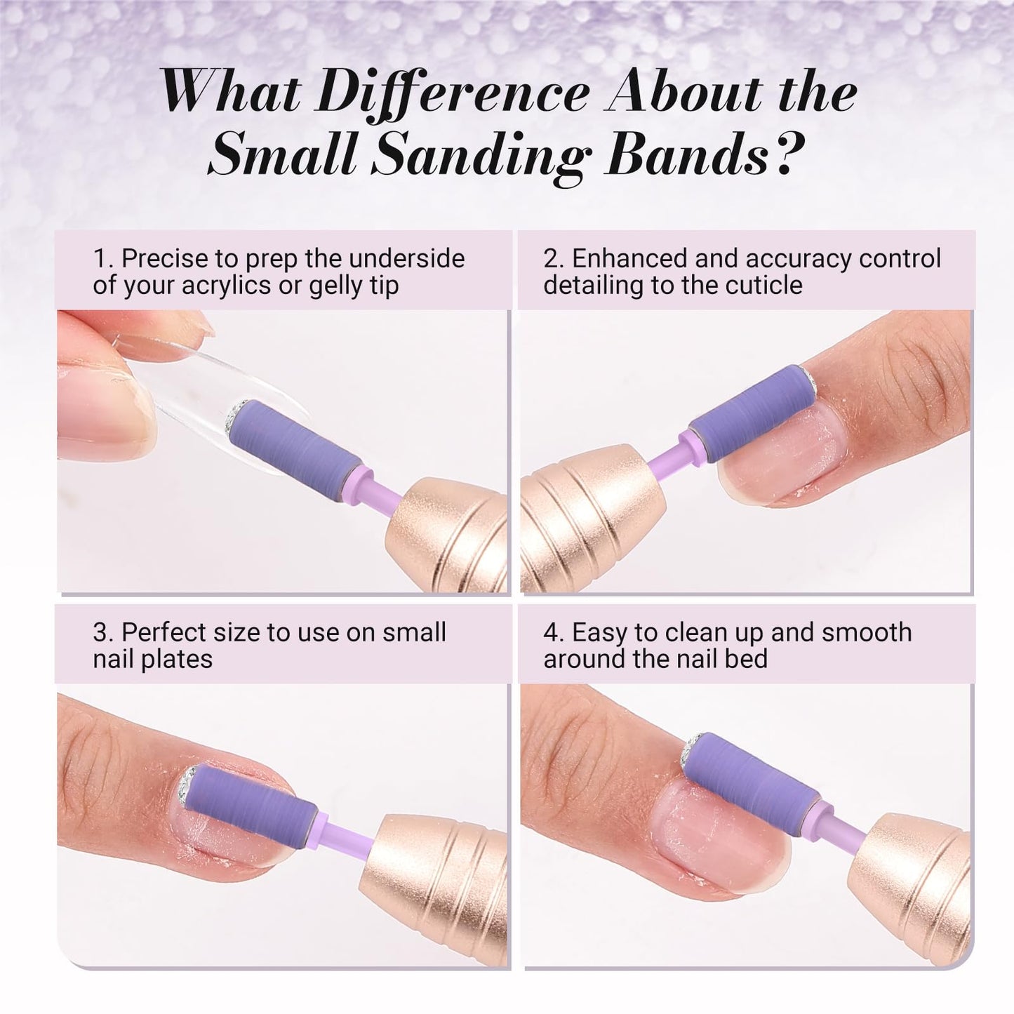 MelodySusie 50 Pcs Nail Drill Bits Small Sanding Bands with 3.1mm Mandrel Bit, 180 Fine Grit Nail File for Acrylic Nails Gel Manicures and Pedicure, Purple