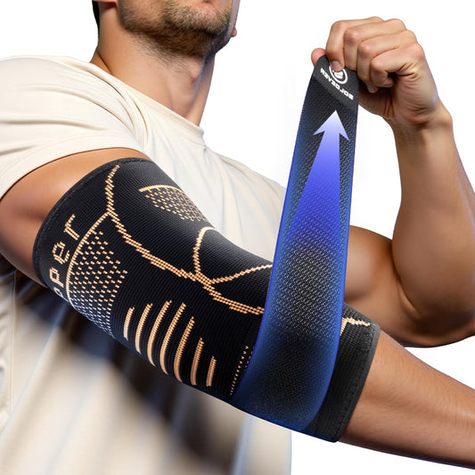 SOLOEVER Copper Elbow Compression Sleeve with Adjustable Strap [Medical-Grade ＆ Targeted Support] Elbow Brace for Tendonitis and Tennis Elbow - Elbow Support for Weightlifting, Golfers, Arthritis, Bursitis - Fit for Men & Women